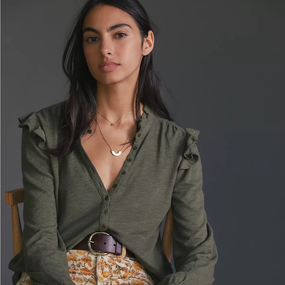 Anthropologie Pilcro Ruffled Henley Top Olive Green Cotton Modal Small